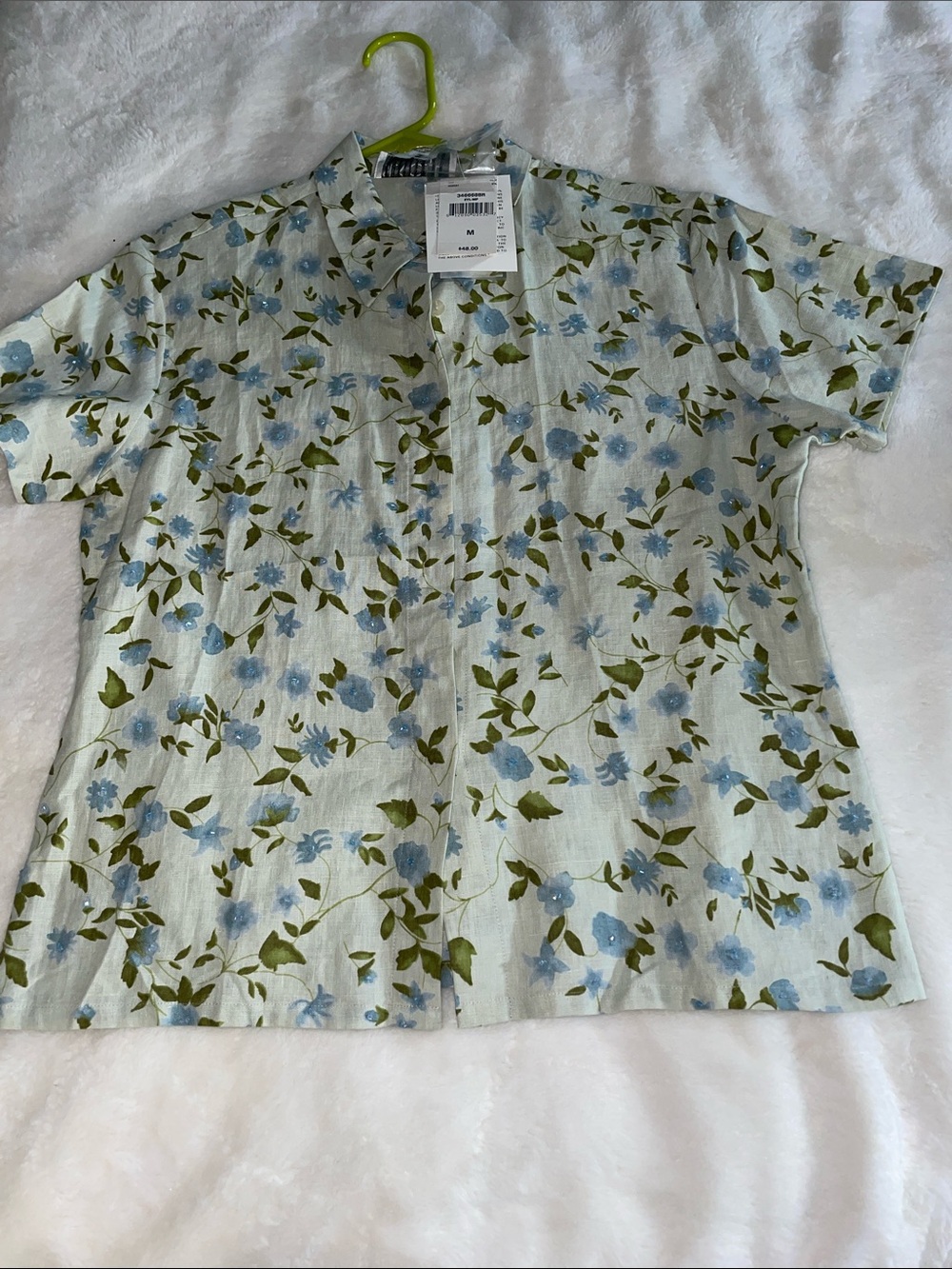 Silk Club size M green/blue floral button-down linen shirt-NWT